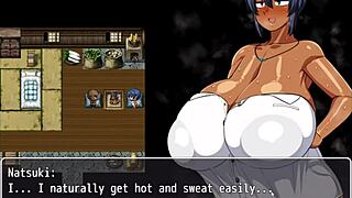 Tanned girl natsuki enjoys having massive tits covered in cum in hentai game episode 13