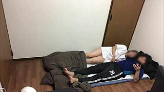 asian couple having perverted sex in bedroom while kid's out