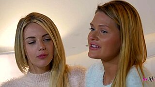 Abby Cross and Blake Eden excitedly lick and dildo each other.