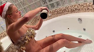 Hot Tight Pussy Skinny Blonde with Small 18+ Tits Celebrates New Year with a Big Dick Guy by Playing with His Cock in the Kitchen and the Bathroom