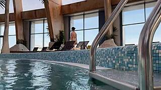 Pick up in aquapark leads to quick fucking in the locker room with blowjob doggy and cum for teen 18+ brunette