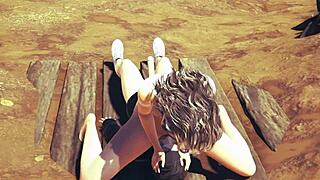 In the wild nature, she sucks a huge monster cock in 3d animation