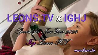 Hot Tight Pussy Skinny Blonde with Small 18+ Tits Celebrates New Year with a Big Dick Guy by Playing with His Cock in the Kitchen and the Bathroom