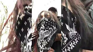 Emo slut takes it hard on a tree stump. Public pounding with dirty talk.