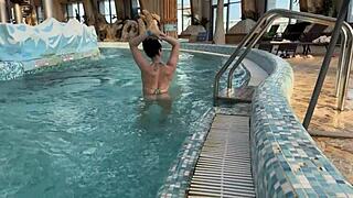 Pick up in aquapark leads to quick fucking in the locker room with blowjob doggy and cum for teen 18+ brunette