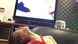 In the hotel, miyuki gets tied on the sofa while av plays and she gets humiliated.