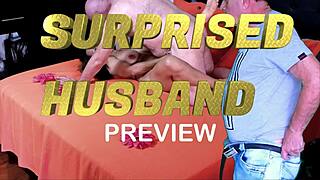 Surprised husband watches wife fuck monster cock.