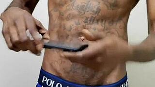 Ebony guy masturbates big cock to cumshot