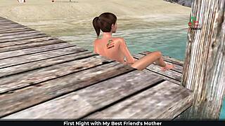 animated 3d cartoon girl masturbates with banana on beach.