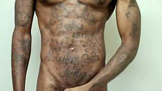 Ebony guy masturbates big cock to cumshot