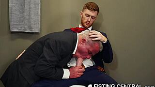 mature boss catches employee jerking off outdoors with gloves and ass licking fetish