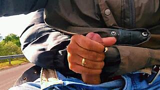 So, this hotwife jerked off on the road. Nearly got caught flashing in public!