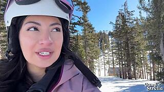 Amateur Ski Instructor With Long Hair Moans While Getting Handjob And Cumshot On Her Big Tits