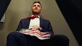 mature boss catches employee jerking off outdoors with gloves and ass licking fetish