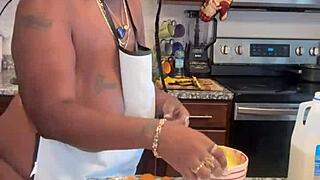 Ebony bbw whipping up banana pudding with her massive natural tits on display. Food play gets steamy!