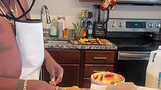 Ebony bbw whipping up banana pudding with her massive natural tits on display. Food play gets steamy!