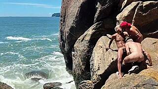 naughty fisherman caught giving ass bareback behind rocks