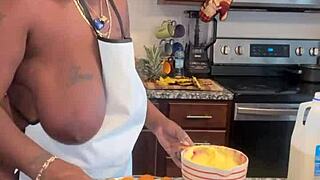 Ebony bbw whipping up banana pudding with her massive natural tits on display. Food play gets steamy!