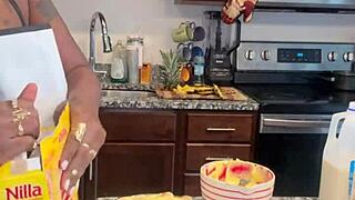Ebony bbw whipping up banana pudding with her massive natural tits on display. Food play gets steamy!