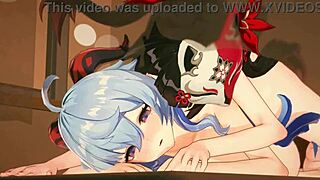 anime lesbians ganyu and hanabi in steamy doggystyle hentai kissing scene.