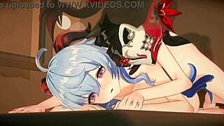 anime lesbians ganyu and hanabi in steamy doggystyle hentai kissing scene.