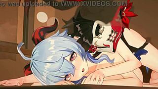 anime lesbians ganyu and hanabi in steamy doggystyle hentai kissing scene.