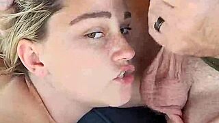 Closeup Blonde Hotwife Dirty Talks While Giving Blowjob And Receiving Facial