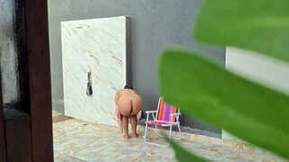 I caught my hot african neighbor with big tits and pussy taking a shower in the backyard after the beach!