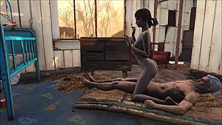 辐射4老男人和棕发美女在3D游戏中狂野。她弯腰猛烈后入！