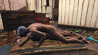 辐射4老男人和棕发美女在3D游戏中狂野。她弯腰猛烈后入！