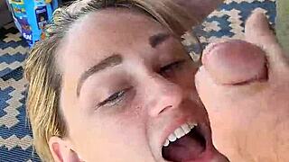 Closeup Blonde Hotwife Dirty Talks While Giving Blowjob And Receiving Facial