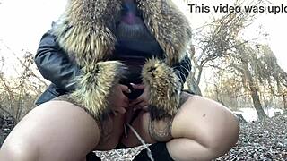 Mature busty cougar pisses outdoors in stockings and dress