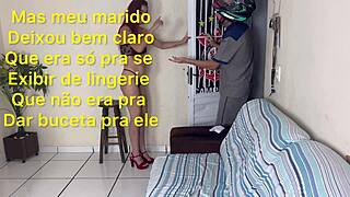 Husband asks wife to receive delivery man in just panties.