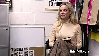 milf housewife caught stealing dildos at work, kneels for blowjob