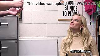 milf housewife caught stealing dildos at work, kneels for blowjob