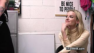 milf housewife caught stealing dildos at work, kneels for blowjob