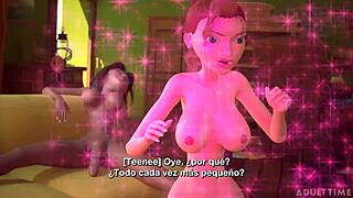 Tiny trans fucks giant busty trans in this 3d hentai with muff diving.