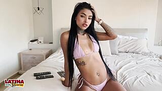 Tattooed Skinny Latina Slut's Pussy Stretched By Big White Cock In Casting