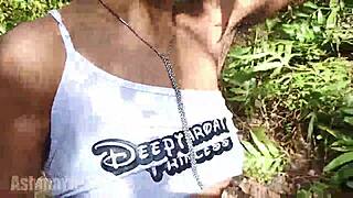 skinny young babe with natural tits and hairy pussy walks and jogs topless in thong outdoors