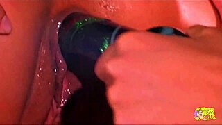 Redhead and brunette get wild with big toy outside