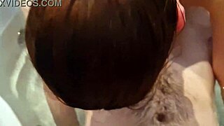 shaved brunette massaged anus, sucked dick with cum