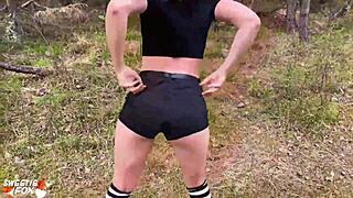 sexy babe deep sucks and doggy fucks in forest for oral creampie