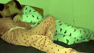 Tattooed amateurs with huge big ass kissing in bedroom, gentle caresses end with lesbian fucking