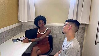 That ebony receptionist licks my big black cock before muff diving and fucking