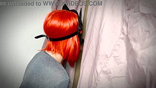 A ginger girl discovers a gloryhole and teases with a blowjob