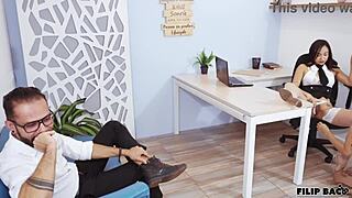 la jefa lesbiana catches us on cam and makes us fuck in her face to prove it