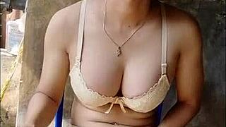 Amateur shemale jerks off with dildo in open bathroom nervously