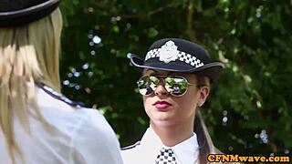 Uniformed British Cops Jerk Sub's Cock Outdoors In Femdom Group Sucking!