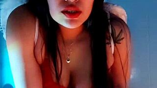 Little 18+ angel with small waist and natural tits squirting with dildo for viewers