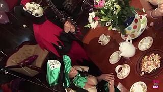 serving tea got boring, so they fuck senseless in orgy with monster cocks.